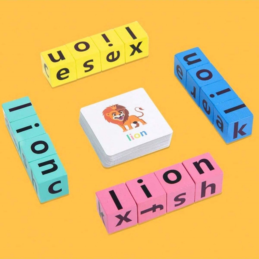 Board Game With Questions - เกมกระดานสะกดคำตัวอักษรสำหรับเด็ก, บล็อกตัวอักษร 16 ตัว + การ์ดคำศัพท์