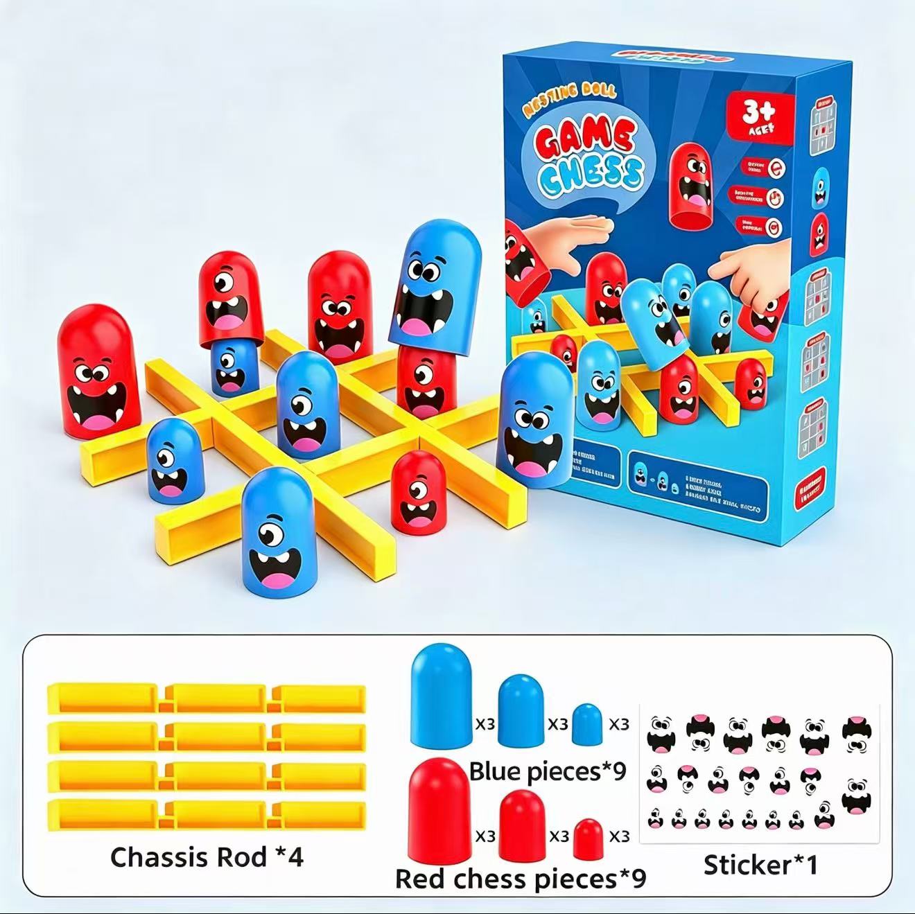 Board Game With Questions - เกมกระดานต่อสู้แบบคู่ ทิก-แทค-โท พร้อมถ้วยซ้อนกันได้ ขนาดพกพา ของเล่นเสริมพัฒนาการตรรกะและการคิดเชิงเหตุผลสำหรับเด็กและผู้ปกครอง